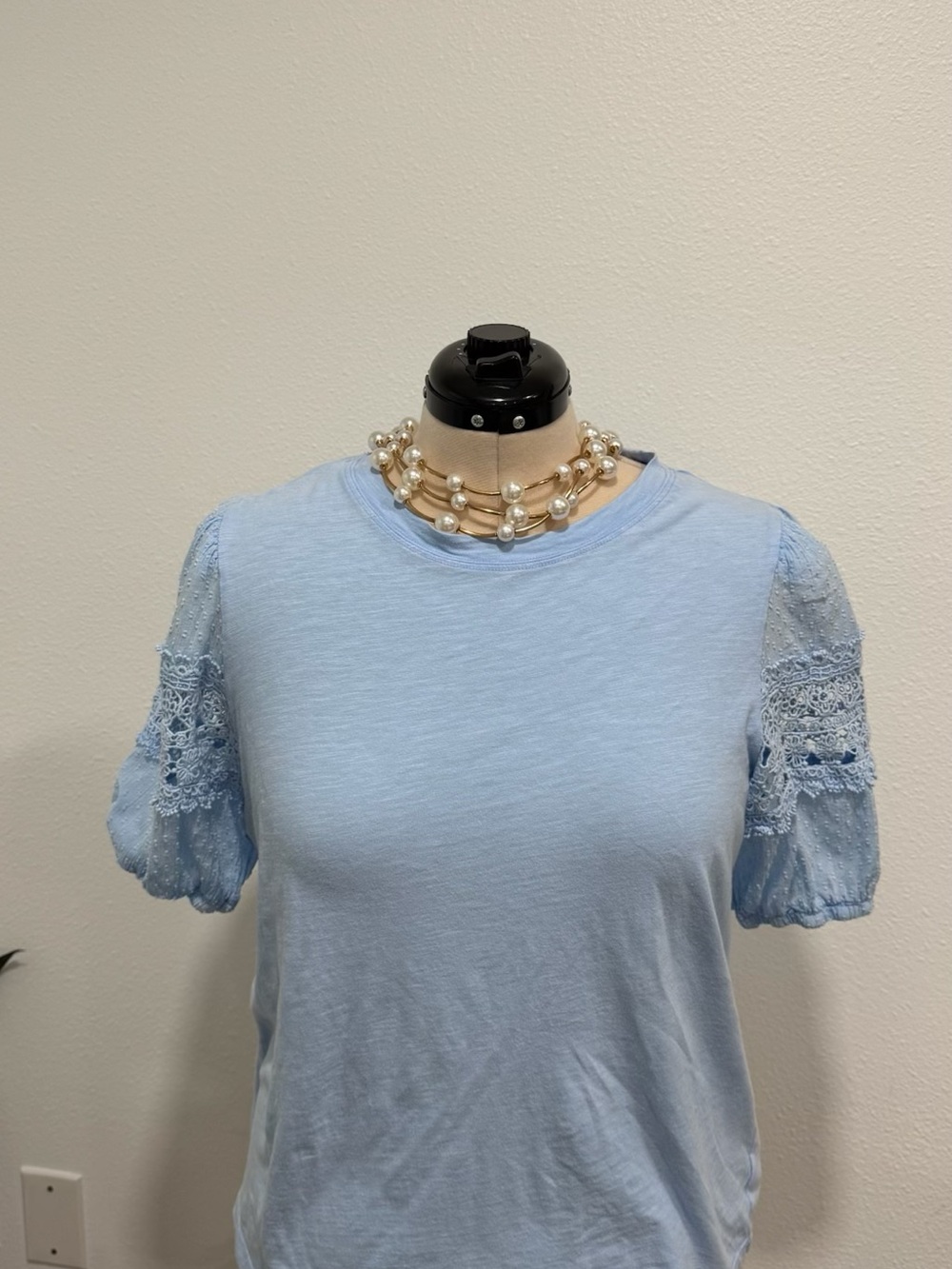 crown & ivy Light Blue Lace Puff Sleeve Tee